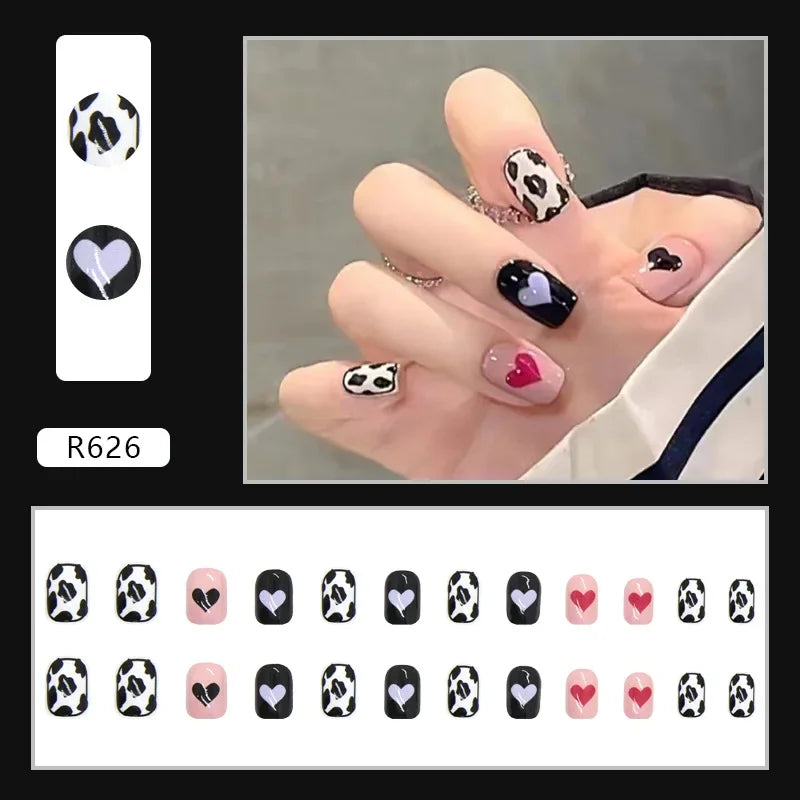 24Pcs Almond False Nails With Tools Cute Heart Strawberry Chili Design French Checkerboard ABS Press On Nails Fake Tips Wearable