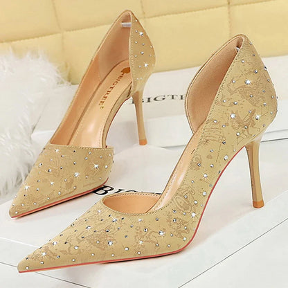 aichashi  -  Shoes Rhinestone Design Kitten Heels Women 8 Cm Pumps Silk Satin Luxury High Heels Stilettos Banquet Shoes Plus Size 43