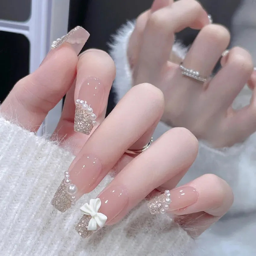 24PCS Glitter Press On Nails Korean Style Heart Rhinestone Design Coffin Fake Nails Full Cover Acrylic Nails Tips for girls Gift