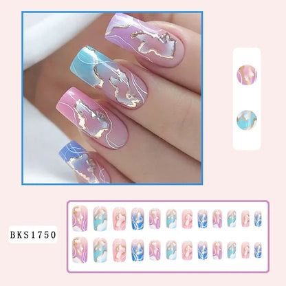 24Pcs Colourful Clouds False Nails Short Ballet Coffin with French Design Wearable Fake Nails Artificial Press on Nail Tips Art