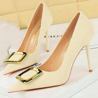 aichashi  -  Shoes Metal Buckle High Heels Women Shoes Silks Satins Pointed Toe Women Pumps Stilettos Fashion Office Shoes 10 Colors