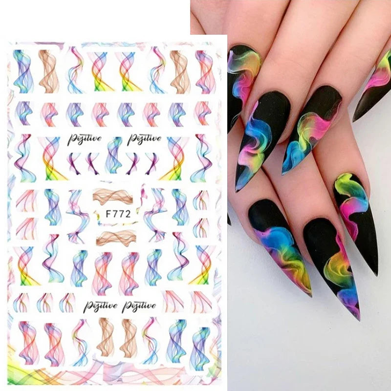 Aichashi 1PCS Black White Butterfly Laser Nail Stickers Y2K Nail Art Decoration Abstract Lines Bronzing Flowers Stickers For Nails