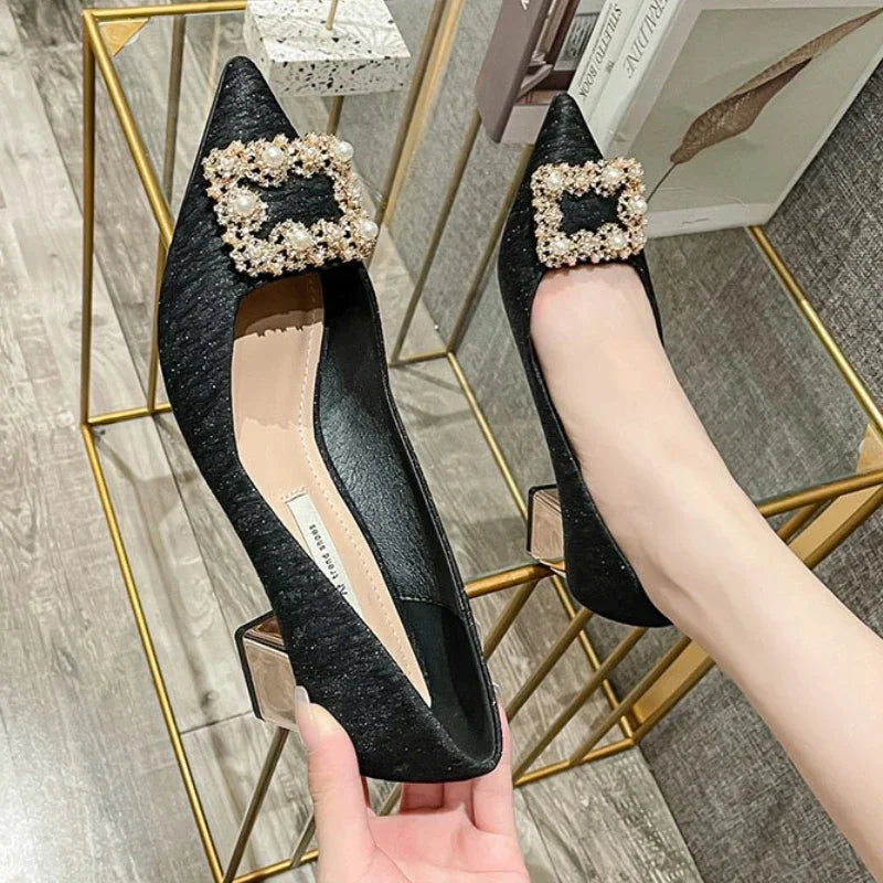 aichashi  -  High Heels Shoes Women Spring New Korean Version Pearl Rhinestones Pointed Toe Women's Shoes Chunky Heels Pumps Zapatillas Mujer