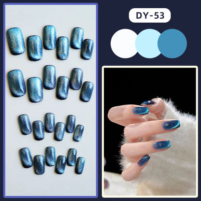 Aichashi 24pcs Cat Eye False Nail Deep Blue Color Fake Nail Tips Full Cover Nail Art Long Coffin Ballet Press on Nail Manicure Nail Tips