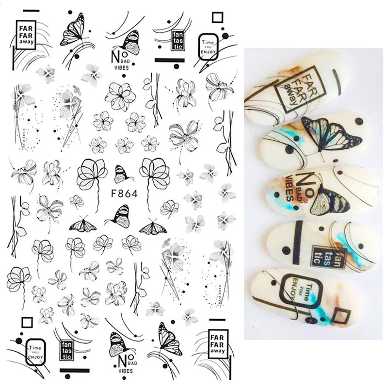 Aichashi 1PCS Black White Butterfly Laser Nail Stickers Y2K Nail Art Decoration Abstract Lines Bronzing Flowers Stickers For Nails