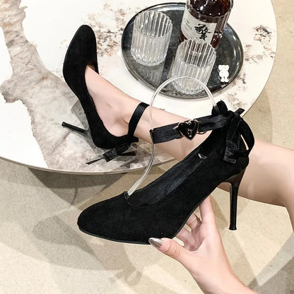 aichashi  -  Women Sexy Black Ankle Strap Thin High Heels Autumn New Woman Flock Round Toe Pumps Female Heart Buckle Fashion Shallow Pumps