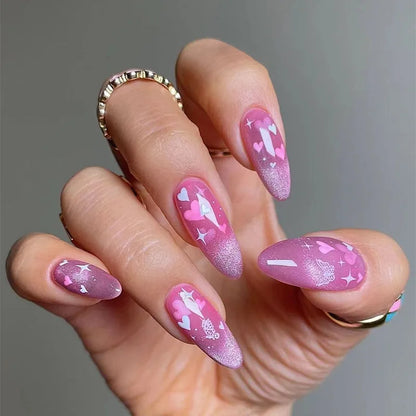 24Pcs Love Bow Almond Pink blue False Nails with glue French Glitter Fake Nails with Designs Full Cover Press on Nail Tips