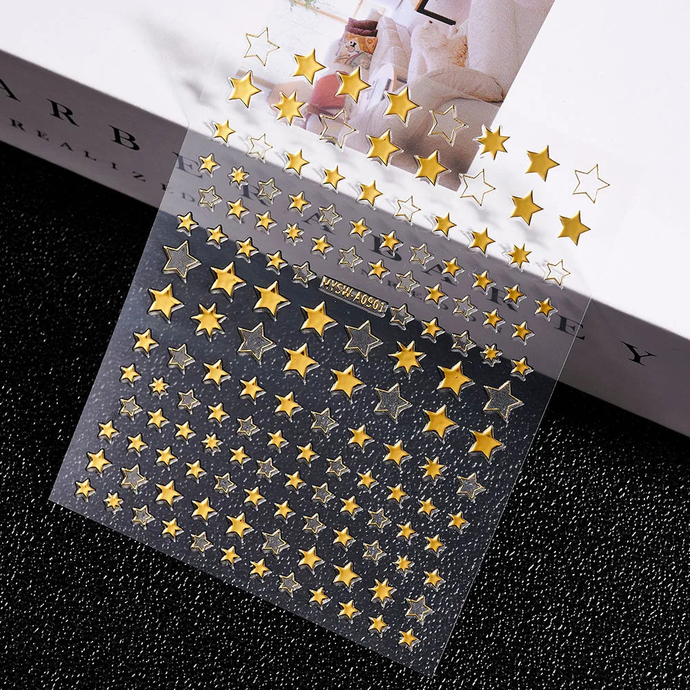 3D Gold Sun/Moon/Star Bronzing Nail Art Sticker 8*10cm Laser Star Moon Design Nail Decal Gold Silver Self-Adhesive Slider