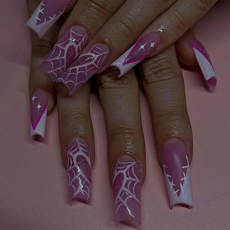 24pcs Halloween Nails White Spider Web Love Fale nails Long Coffin Ballet Purple Acrylic Nail Art Patch Full Cover Detachable