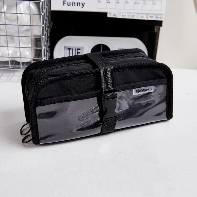 Aichashi BACK TO SCHOOL Black & White Pencil Bag Pen Case Transparent Front Belt Buckle Multi Pocket Storage Pouch Stationery