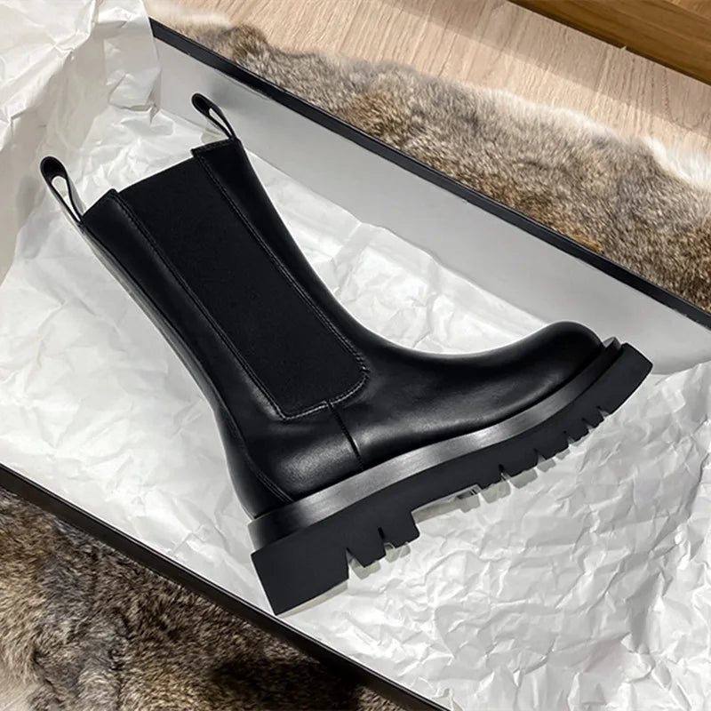 aichashi  -  New Chelsea Boots Women Genuine Leather Luxury Design Chunky Platform Boots Non-slip Thick Bottom Mid-calf Boots for Women