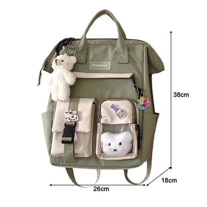 Aichashi Fashion Japanese Nylon Bookbags with Plush Pendant Summer New Student Kawaii Backpack Large Capacity Woman College Rucksack