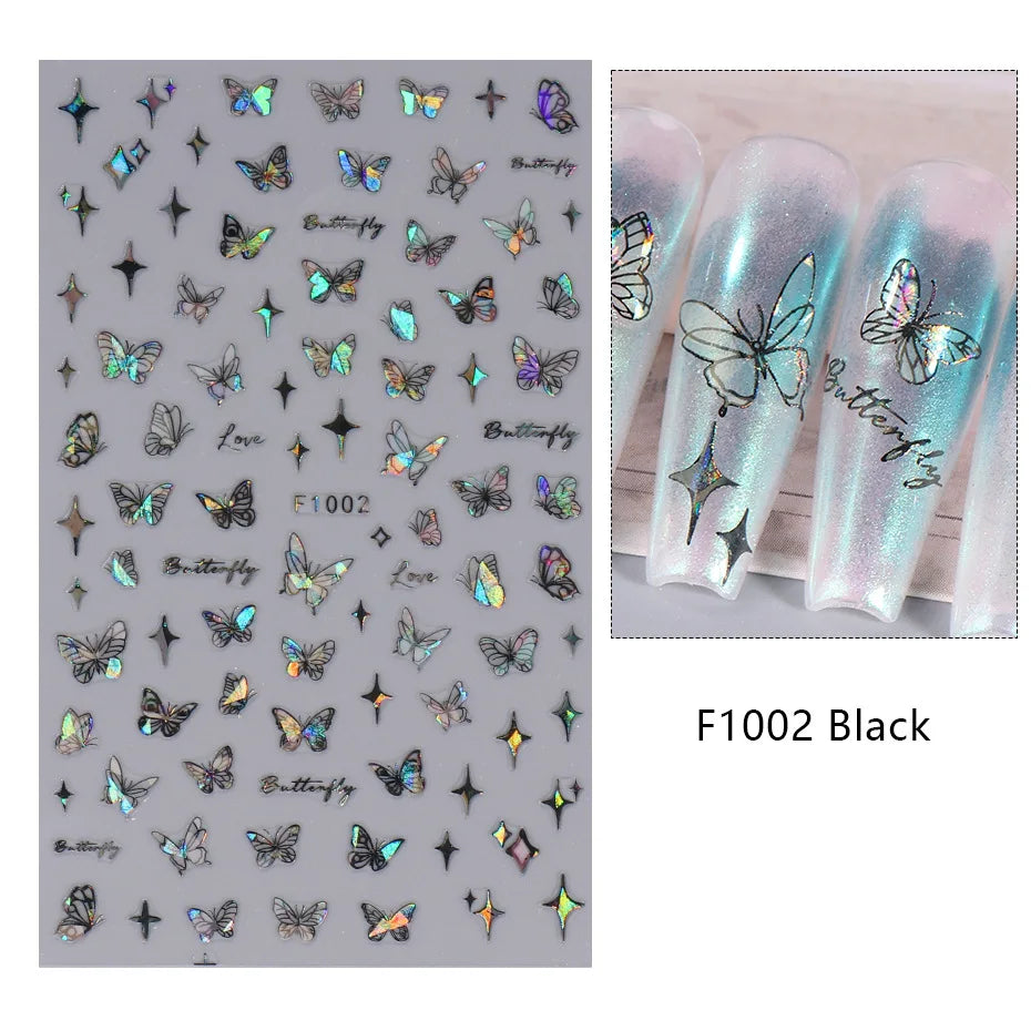 Aichashi 1PCS Black White Butterfly Laser Nail Stickers Y2K Nail Art Decoration Abstract Lines Bronzing Flowers Stickers For Nails