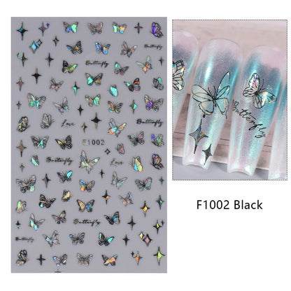 Aichashi 1PCS Black White Butterfly Laser Nail Stickers Y2K Nail Art Decoration Abstract Lines Bronzing Flowers Stickers For Nails