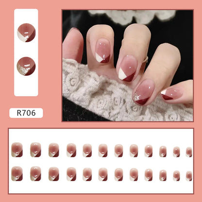 24pcs Gradient False Nails Cute Star Printed Design Fake Nail Short Square Faux Ongles Manicure Nail Stickers Press On Nail Tips