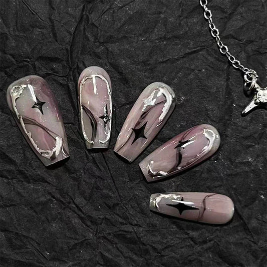 10Pcs Detachable Pink Acrylic Press On Nails Long Coffin y2k Star Pattern Ballet False Nail American Style Full Cover Fake nails