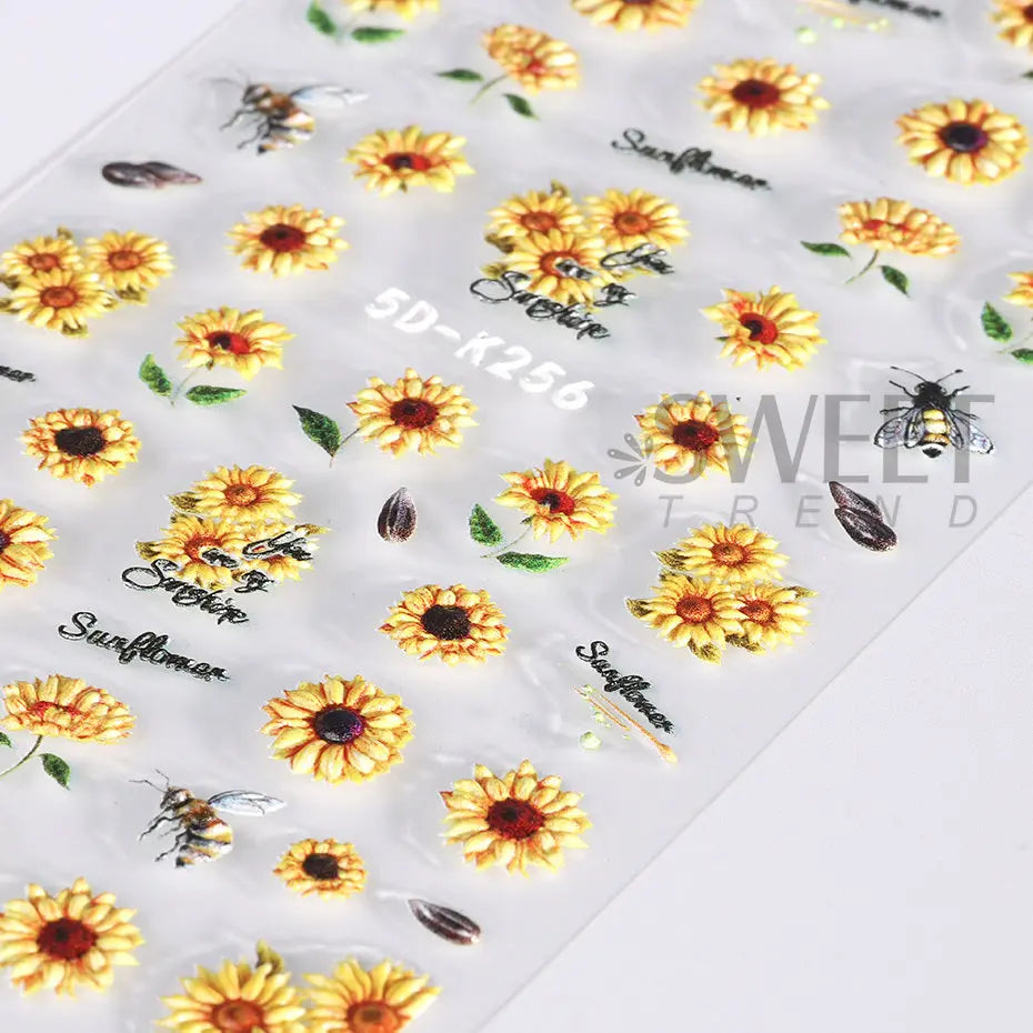 5D Yellow Sunflower Embossed Nail Sticker Acrylic Flower Leaf Bee Butterfly Summer Engrave Gel Polish Manicure Slider Decoration