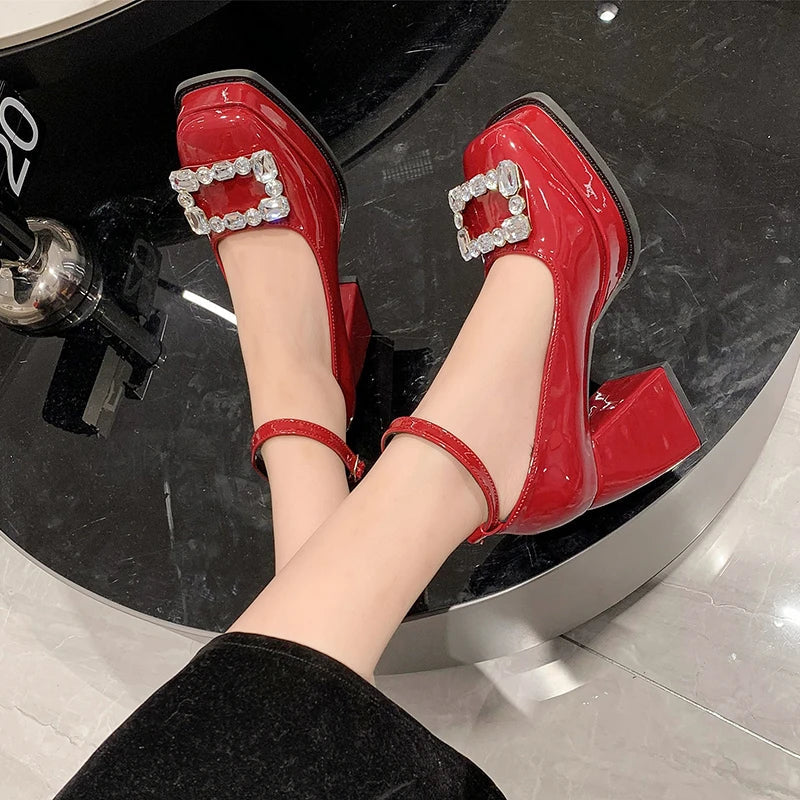 aichashi  -  Crystal Buckle Platform Pumps Women Thick Heels Mary Jane Shoes Woman Leather Square Toe High Heels Shoes Laides Chaussure Femme