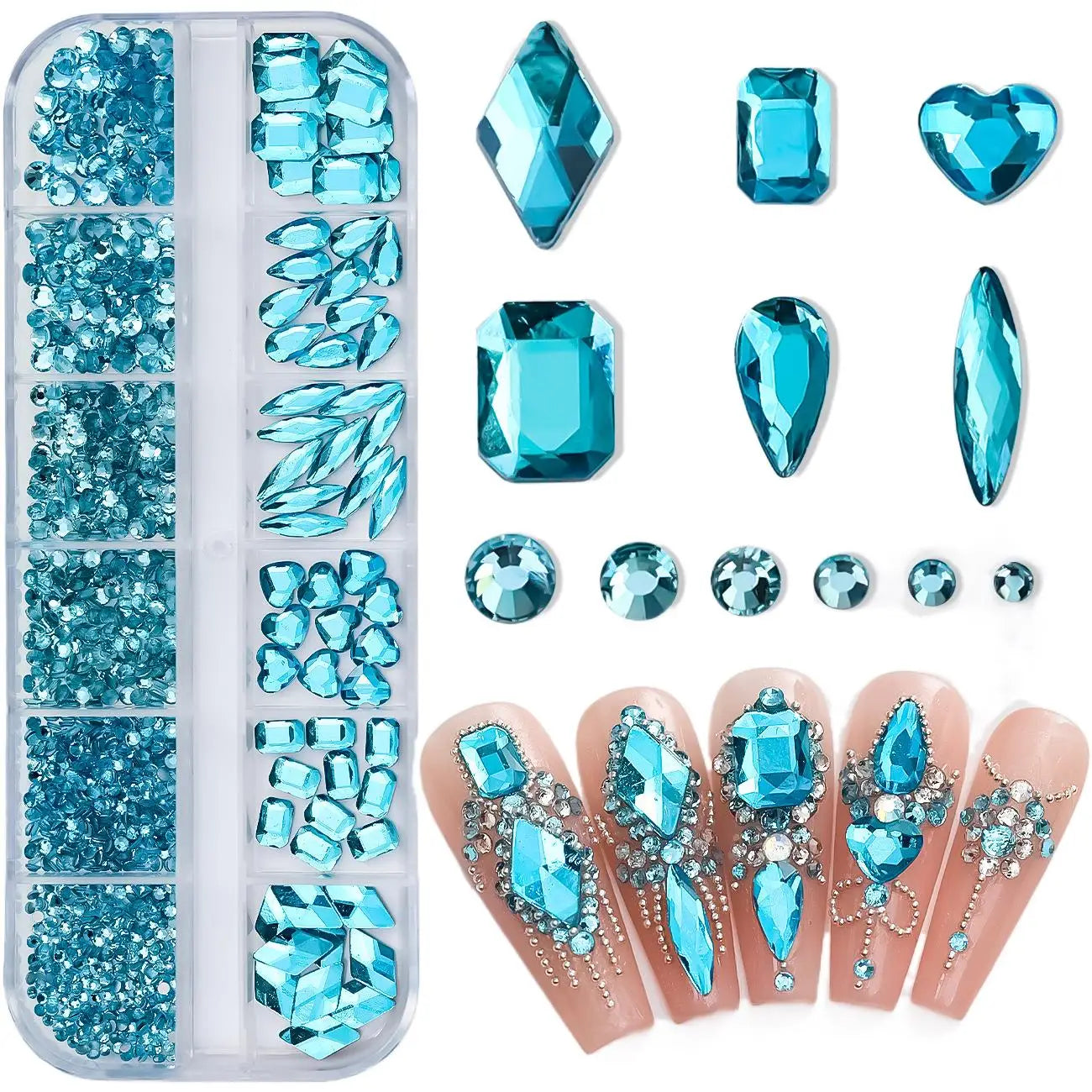 Aichashi 12 Grids Sparkle Translucent Colorful Mix Shapes Flatback Glass Diamonds Nail Art Rhinestones Jewel Decorations Manicure Charms