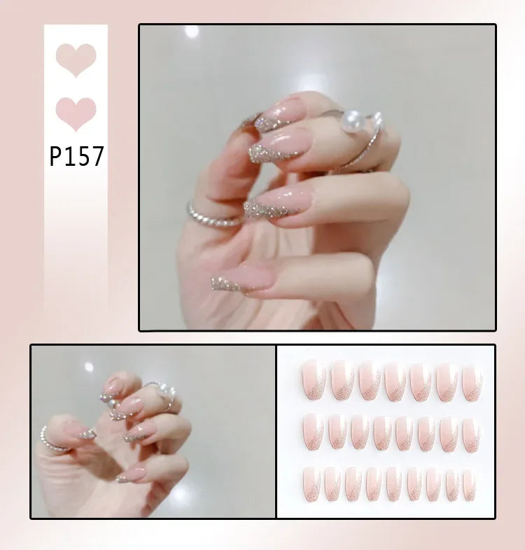 24Pcs Almond False Nails With Tools Cute Heart Strawberry Chili Design French Checkerboard ABS Press On Nails Fake Tips Wearable