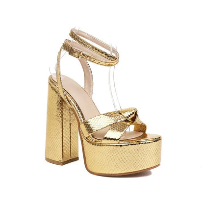 aichashi  - Gold Sexy High Heels Luxury Sexy Party Dress Shoes Silver Ankle Strap Chunky 14CM Summer Open-toe Platform Sandals Pumps