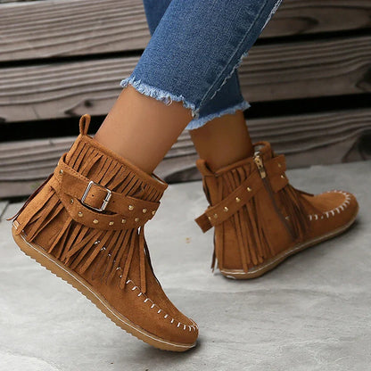 Aichashi Bohemian Style Tassels Ankle Boots Women Retro Faux Suede Buckle Strap Short Boots Woman Plus Size 43 Flat Heels Western Botas