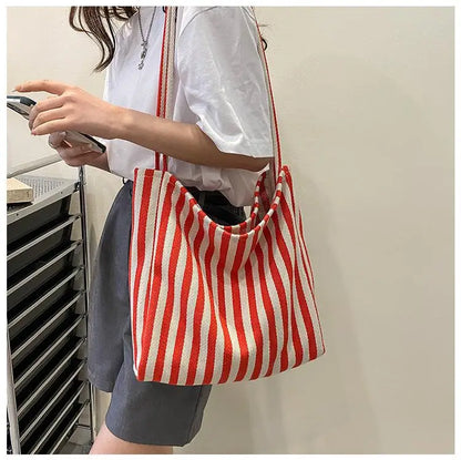 Aichashi BACK TO SCHOOL Korean Version Of Retro Literary Handbag Simple Fresh Striped Shoulder Bag Fashion Large Capacity Shopping Bag