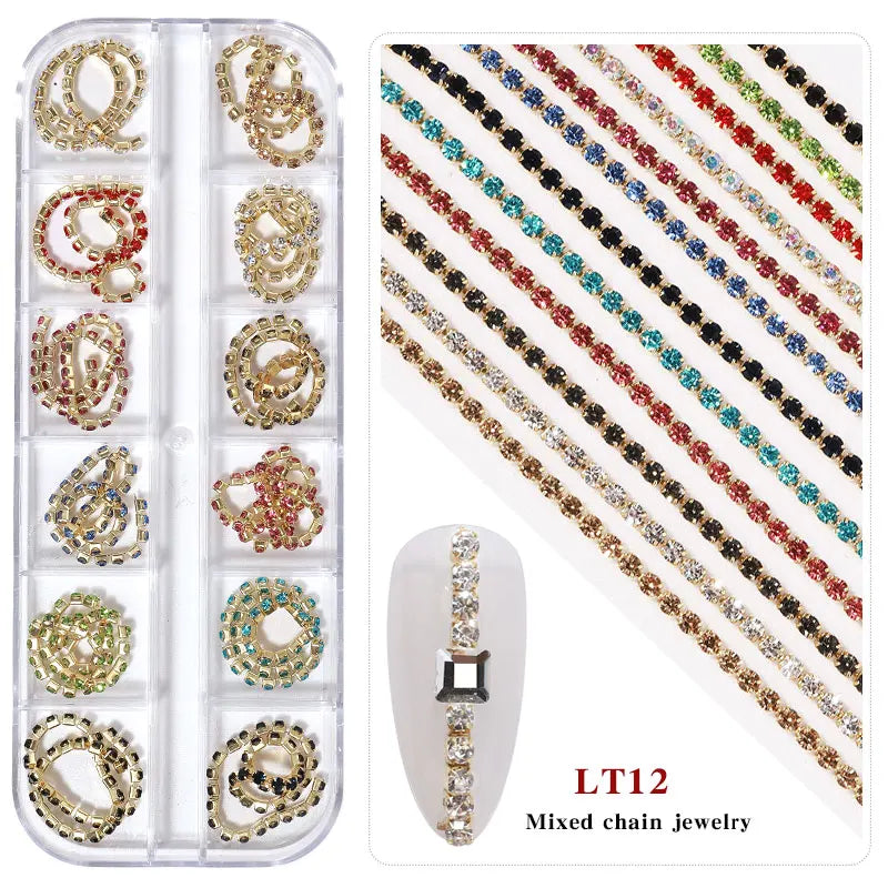 12 Grid Mixed Style Nail Chain Jewelry For DIY Art Decoration Fashion Metal Nails Accessories For Manicure Design