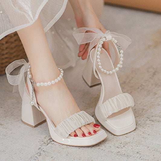 Aichashi Elegant White High Heels Sandals Women Summer Chunky Platform Pearl Ankle Straps Pumps Woman Lace Bowtie Luxury Party Shoes