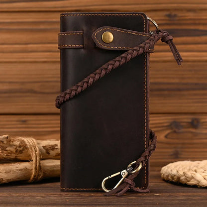 aichashi Vintage Hasp Open Genuine Cow Leather Men Wallet Large Capacity Crazy Horse Real Leather Man Bifold Purse Clutch Wallet chain