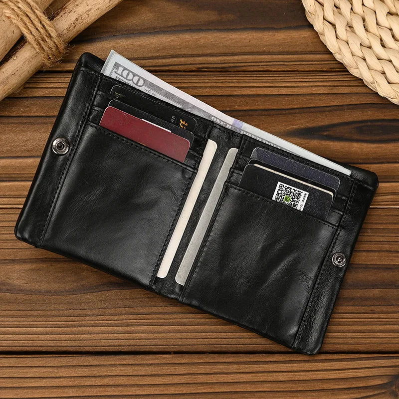 Aichashi Genuine Leather Short Wallet Bifold Card Holder Short Purse Male Cow Leather Men's Coin Wallet Real Cowskin Zipper Wallet