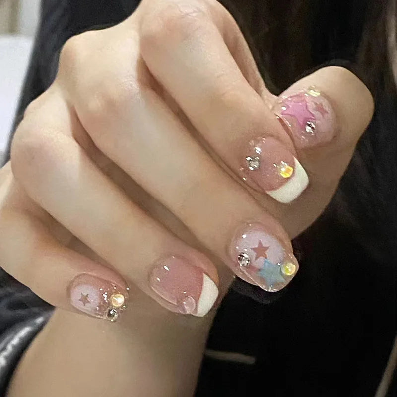 Aichashi Korean Sweet Girl False Nails y2k Pink Five-pointed Star Printed Fake Nails Short Cute White Edge Artificial Nail Patch 24pcs