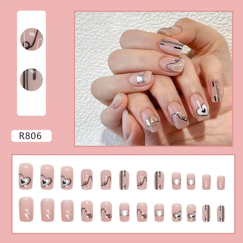 24pcs false nails matte Green Nails Patch with glue Removable Long Paragraph Fashion Manicure press on Nail tips