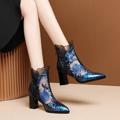 Aichashi Ethnic Style Retro Lace High Heels Ankle Boots Women Autumn Embroider Pointed Toe Platform Short Boot Thick Heeled Pumps Zapatos