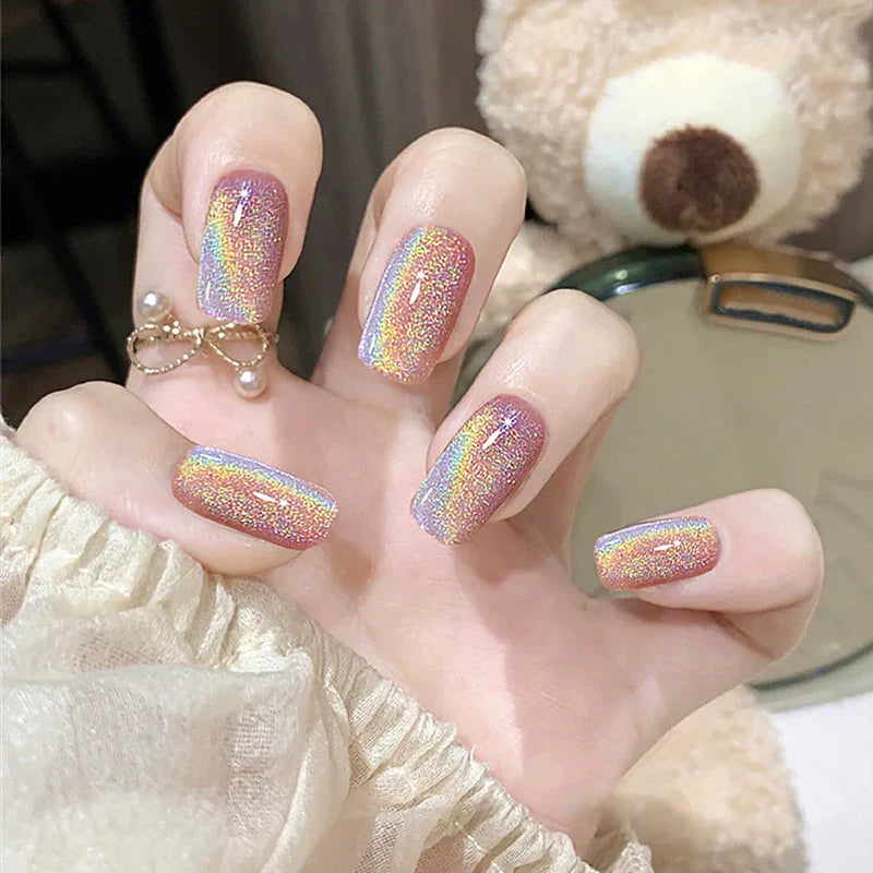 24pcs/box Cat Eye Phototherapy Nail Patch Wearable Fake Nail Short False Nail Wedding For Winter Autumn wearable full cover