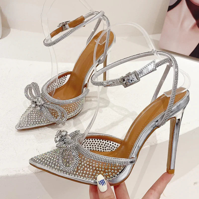 aichashi  -  Glitter Rhinestone Design Luxury High-heeled Sandals Women Summer PVC Clear Pumps Sexy Bowknot CRYSTAL Pointed Toe High Heels