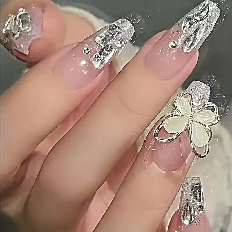 24PCS Ballerina Long Square Nail Tips False Nails Wearable Fake Nails Butterfly INS French Pearl Design Press on Nails for Woman