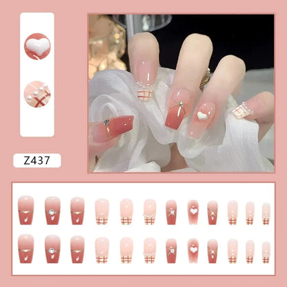 24Pcs Almond False Nails With Tools Cute Heart Strawberry Chili Design French Checkerboard ABS Press On Nails Fake Tips Wearable