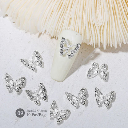 Aichashi 10pcs/bag Butterfly Shaped Nail Rhinestone Star Flower Nail Charm Silver Gold Alloy Nail Pearl Jewelry Accessories Nail Supplies