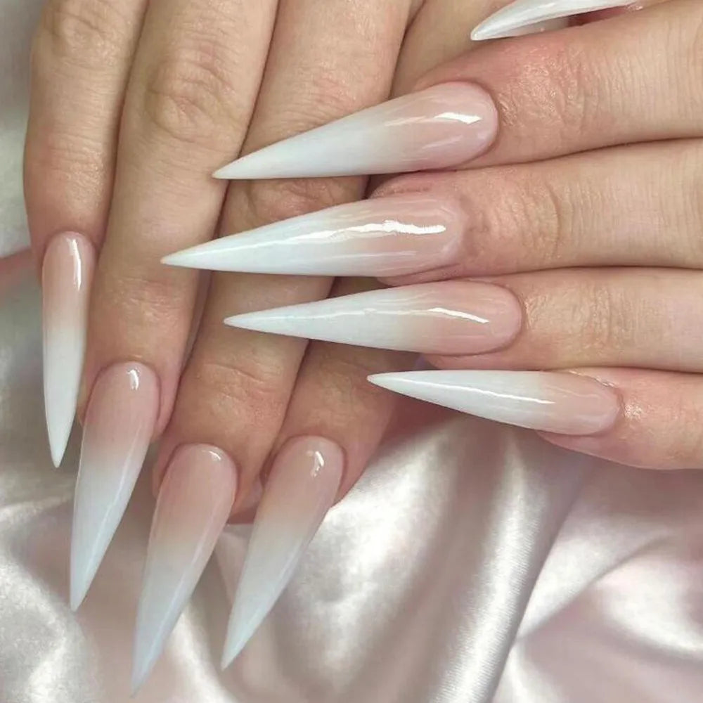 24 Pcs Glossy Long Stiletto Press On Nails Pink And White Gradient Fake Nails  Artificial Finger Reusable False Nails For Women