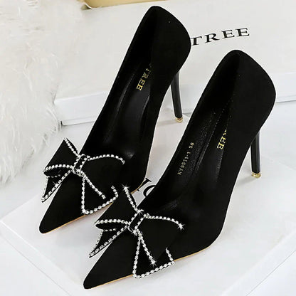 aichashi  - Rhinestone Bowknot Woman Pumps Suede High Heels Sexy Party Shoes Pointed Stilettos Women Heels Luxury Pumps Large Size 42 43