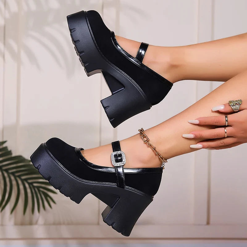 aichashi  - Patent Leather Chunky Platform Mary Jane Shoes Women Fashion Crystal Buckle Strap Thick Heels Pumps Woman Gothic High Heel Shoes