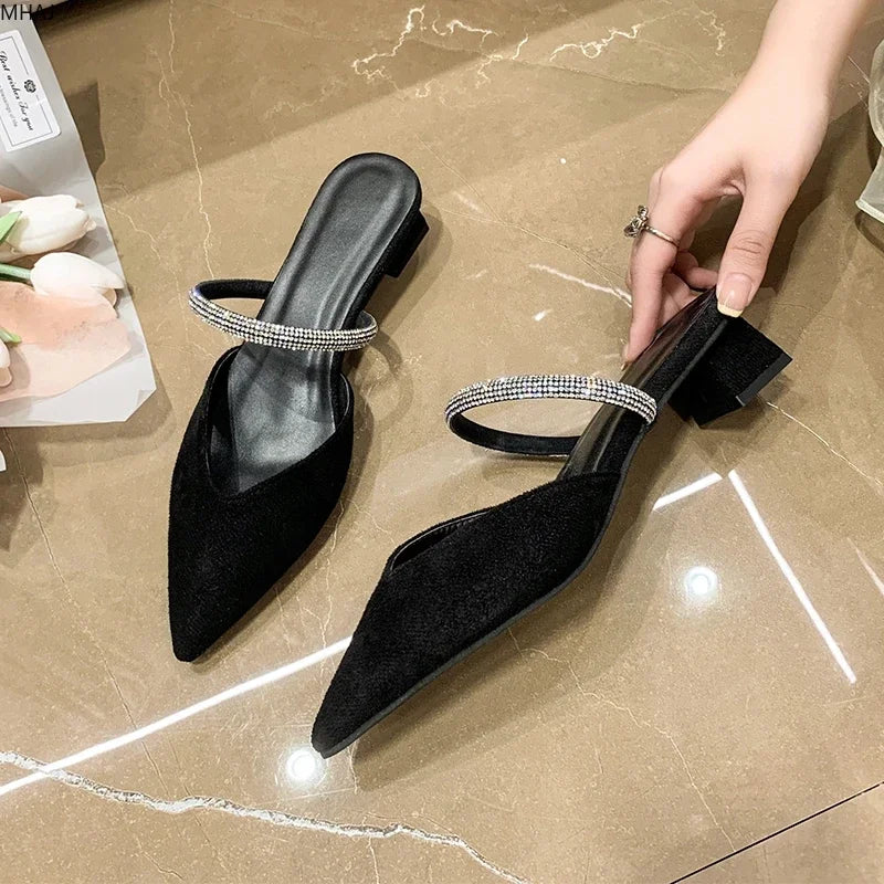 Aichashi New Summer Shoes Woman Fashion Slippers Rhinestone High Heels Pointed Mules Elegant Slip-On Sweet Party Shoes Zapato