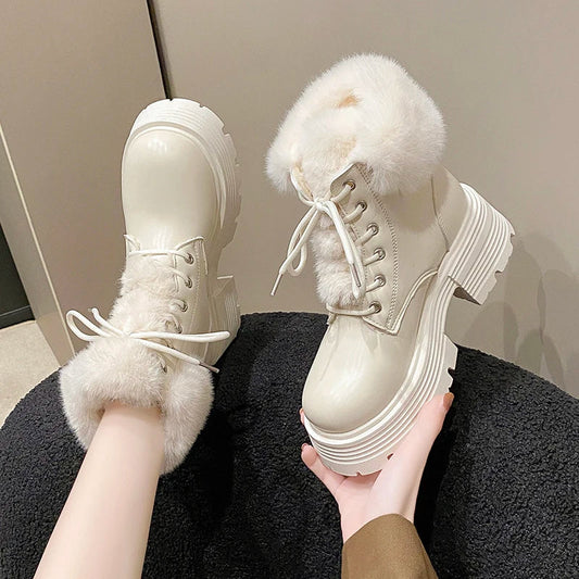 aichashi  -  Winter Fluffy Fur Women Snow Boots Fashion Lace Up Short Booties Comfort Thick Heels Ladies Shoes