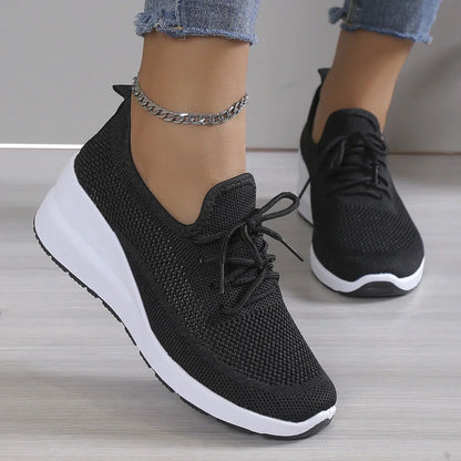 Aichashi 2024 Spring Breathable Wedge Sneakers Women Mesh Knitted Platform Sports Shoes Woman Casual Non-Slip Lace Up Tennis Shoes Ladies