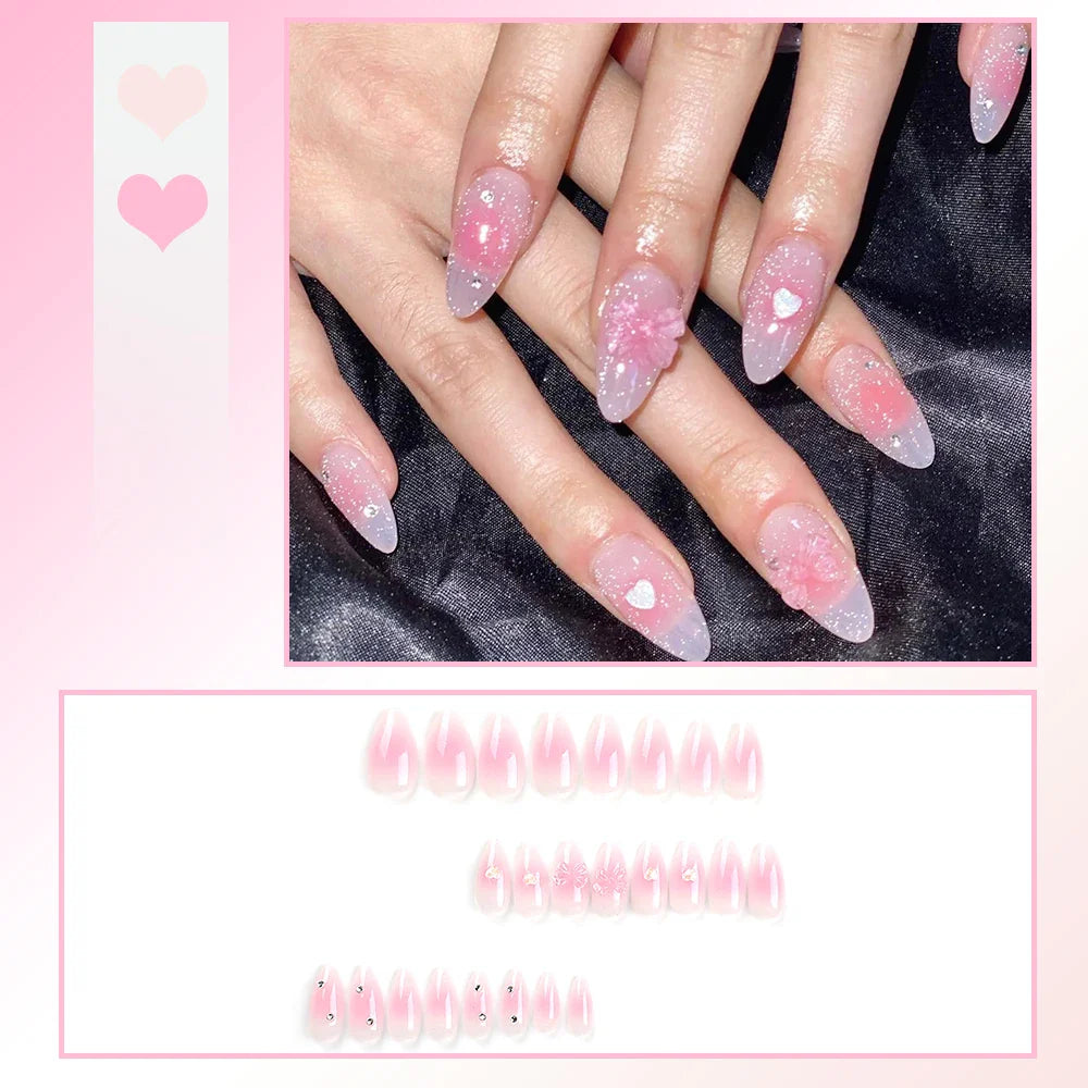 24PCS Sweet Strawberry Press on Nails French Pearl Design Almond False Nails Girl Gifts Detchable Full Cover Fake Nail Patches