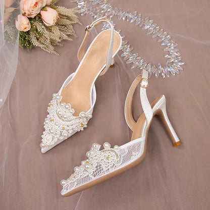 aichashi  -  Sexy Lace Thin Heels Sandals Women Elegant Pearl High Heels Pumps Woman Summer Pointed Toe Bling Crytsal Party Shoes