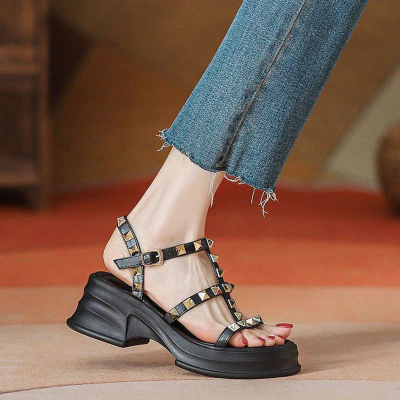 Aichashi Fashion Summer Women's Rivet Roman Wedge High Heel Open Toe Sandals Chunky Heel Outdoor Beach Casual Women's Sandals 35-40