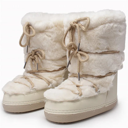 aichashi  -  Winter Snow Boots Women White Fur Boots Woman Luxury Thick Fluffy Furry Faux Rabbit Fur Lace-up Waterproof Warm Ski Boots