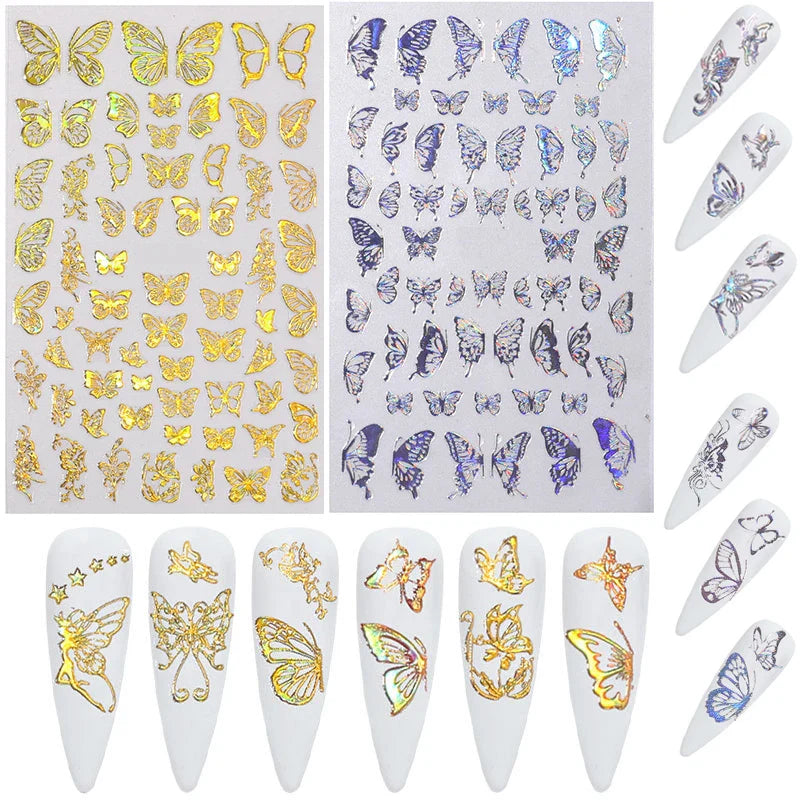 Aichashi Laser Butterfly Sticker Nails Art Holographic Gold/Sliver Nail Decal Design Self-adhesive Butterfly Nail Sticker Ornament